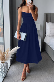 Elegant Fit & Flare Midi Dress - Wedding Guest Dress with Square Neck & Spaghetti Straps