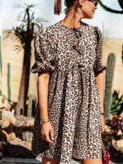 Women's Brown Leopard Print Short Puff Sleeve Dress - Versatile Comfort