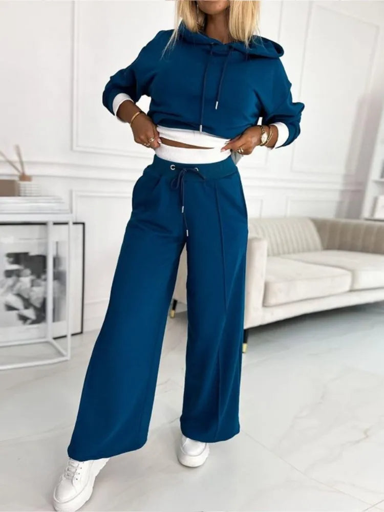 Women's Two Piece Set - Hooded Top and Drawstring Trousers