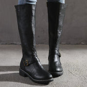 Women's Knee-High Boots - Side Zip and Low Block Heel