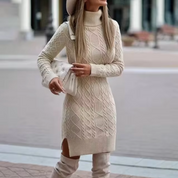Women's Knitted Jumper Dress - Roll neck with Cable Knit Pattern