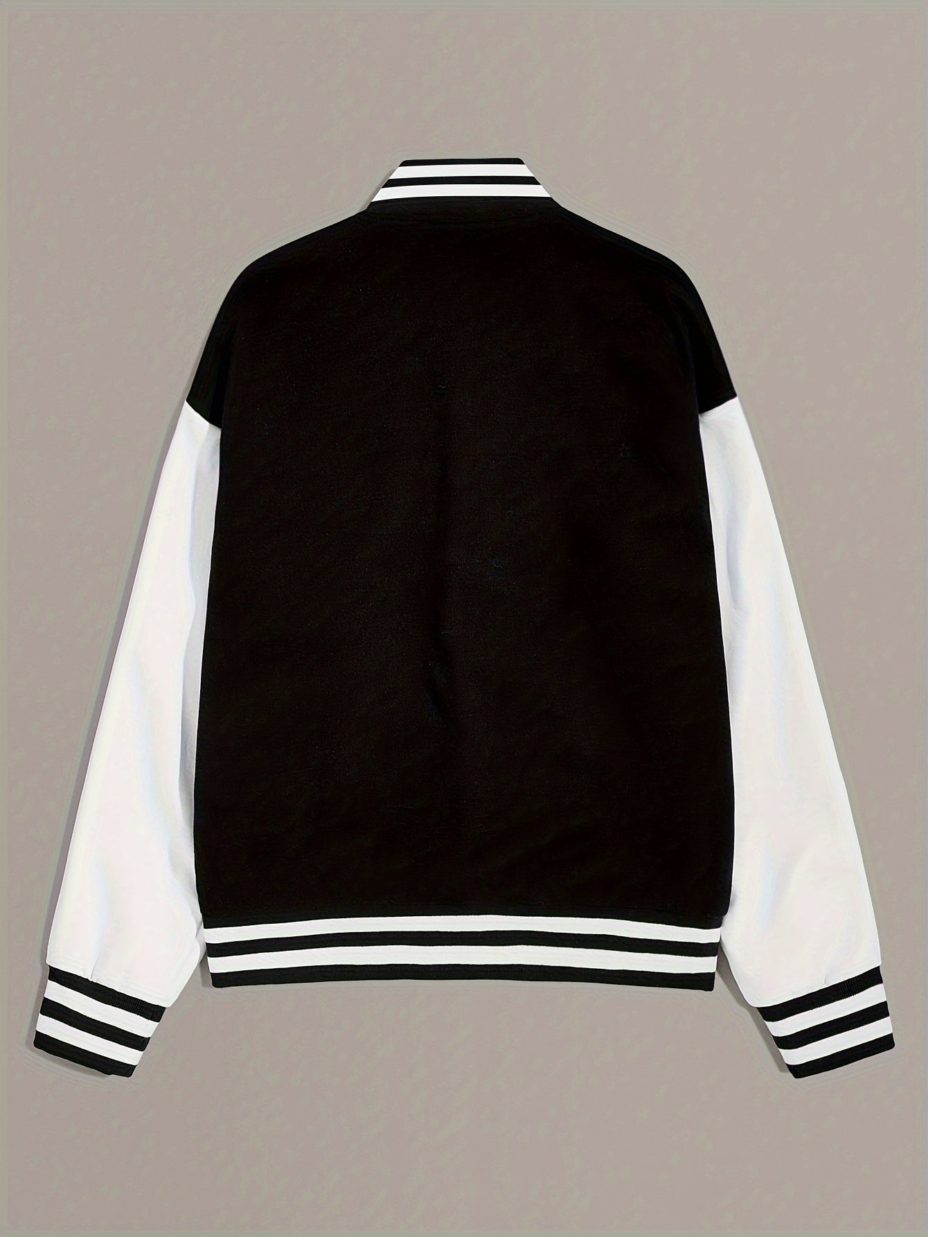 Women's Black Varsity Jacket - Button Front with Striped Ribbed Trim