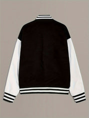 Women's Black Varsity Jacket - Button Front with Striped Ribbed Trim