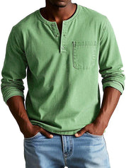 Men's Long Sleeve Shirt - Henley Neck and Chest Pocket