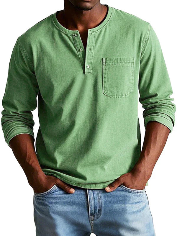 Men's Long Sleeve Shirt - Henley Neck and Chest Pocket