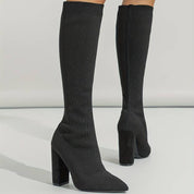 Women's Knee-High Boots - Sock Fit with Pointed Toe and High Block Heel