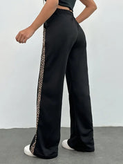 Women's Black Leopard Print Joggers - Side Slit Elegant Versatile