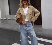 Women's Khaki Crop Trench Coat - Elegant Belt Style