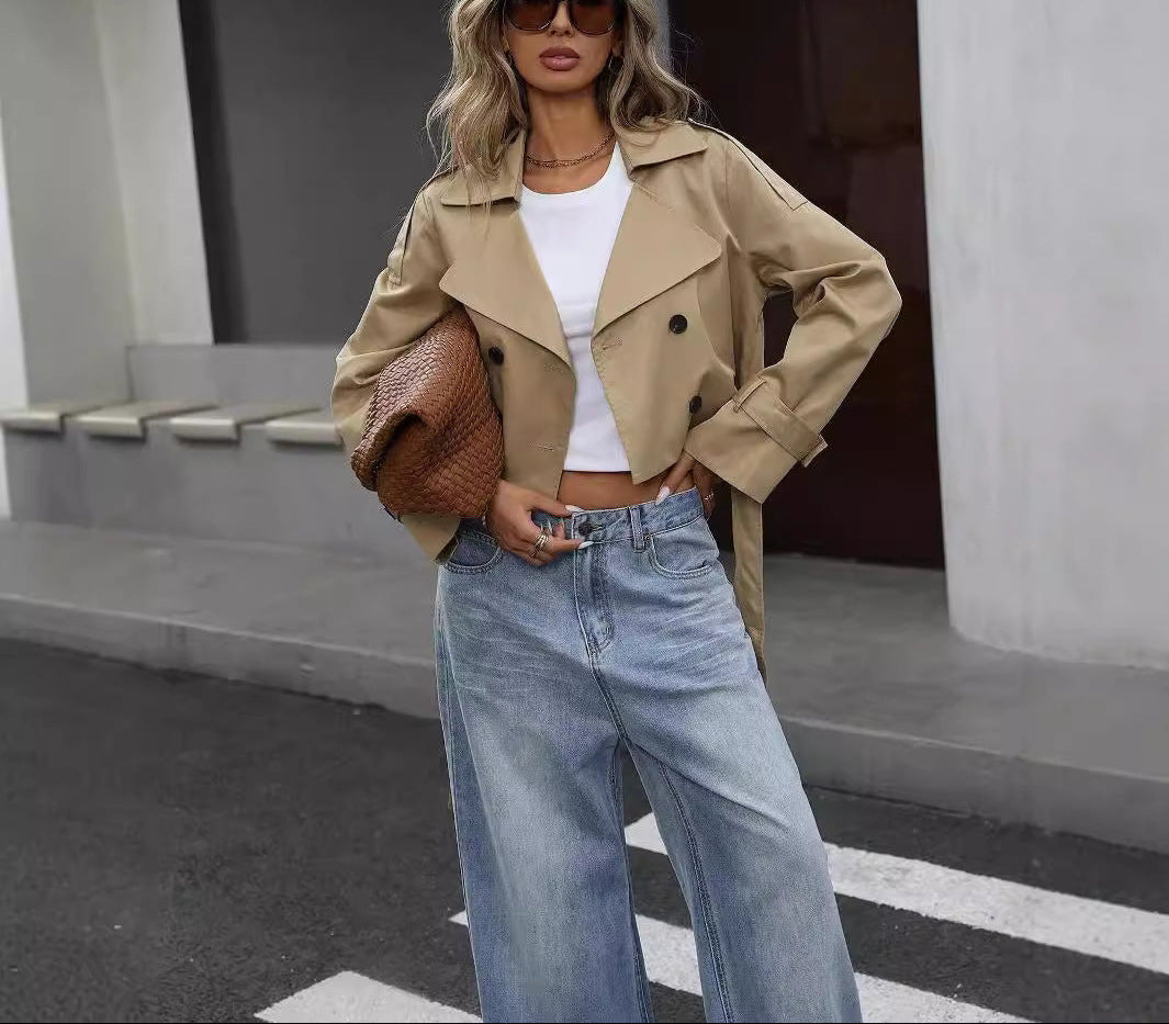 Women's Khaki Crop Trench Coat - Elegant Belt Style