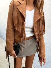 Women's Brown Jacket - Fringe Trim with Cropped Fit