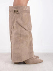 Women's Fold-Over Knee High Boots - Wide Leg with Block Heel and Pointed Toe