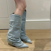 Women's Blue Knee-High Denim Cowboy Boots - Western Stitching & Block Heel