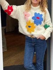 Women's White Oversized Jumper - Chunky Knit with 3D Floral Appliqués