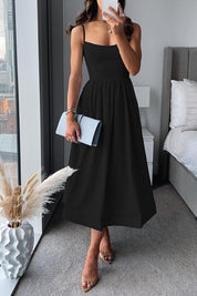 Elegant Fit & Flare Midi Dress - Wedding Guest Dress with Square Neck & Spaghetti Straps