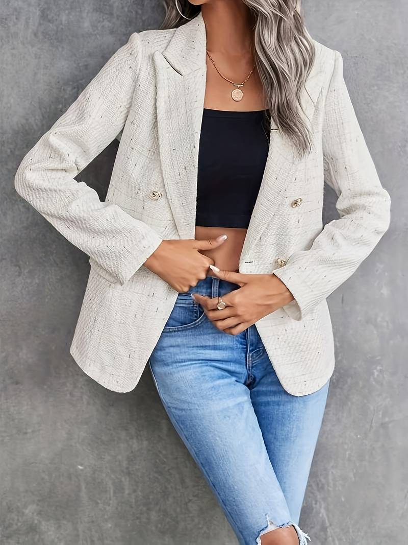Women's Beige Blazer - Double-Breasted with Notch Lapel Collar