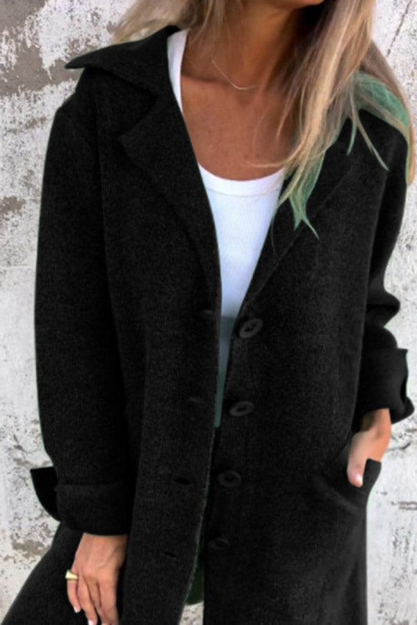 Crystalle - Solid Color Lapel Pocket Single Breasted Midi Coat for Women
