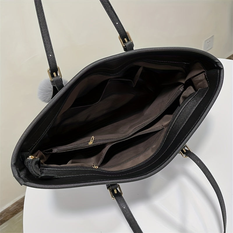 Women's Black Leather Tote Bag - Stylish Retro with Pompom Charm