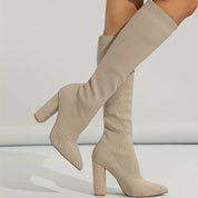 Women's Knee-High Boots - Sock Fit with Pointed Toe and High Block Heel