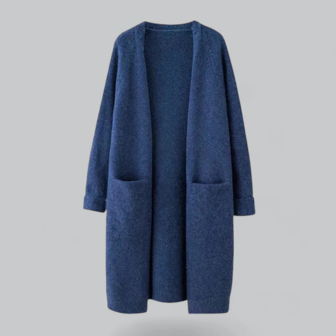 Women's Longline Cardigan - Open Front and Patch Pockets