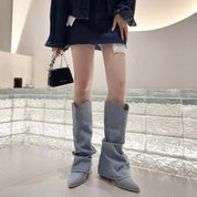 Women's Blue Knee-High Denim Cowboy Boots - Western Stitching & Block Heel