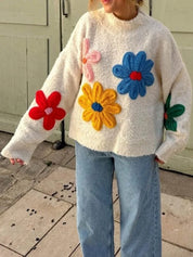 Women's White Oversized Jumper - Chunky Knit with 3D Floral Appliqués