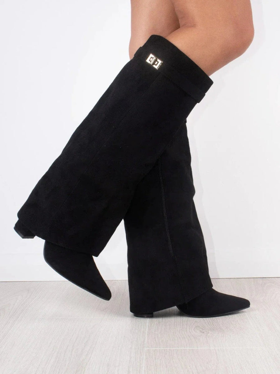 Women's Fold-Over Knee High Boots - Wide Leg with Block Heel and Pointed Toe