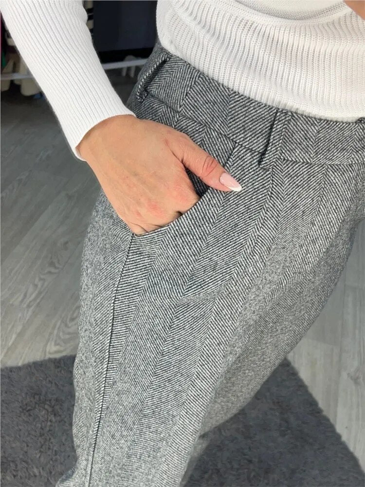 Women's High Waisted Work Trousers - Herringbone Tapered Fit