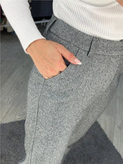 Women's High Waisted Work Trousers - Herringbone Tapered Fit