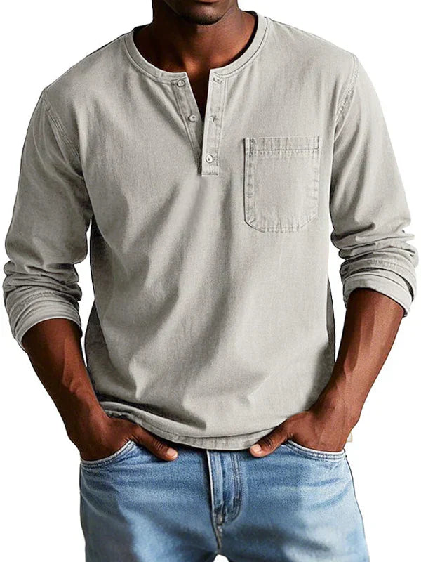 Men's Long Sleeve Shirt - Henley Neck and Chest Pocket
