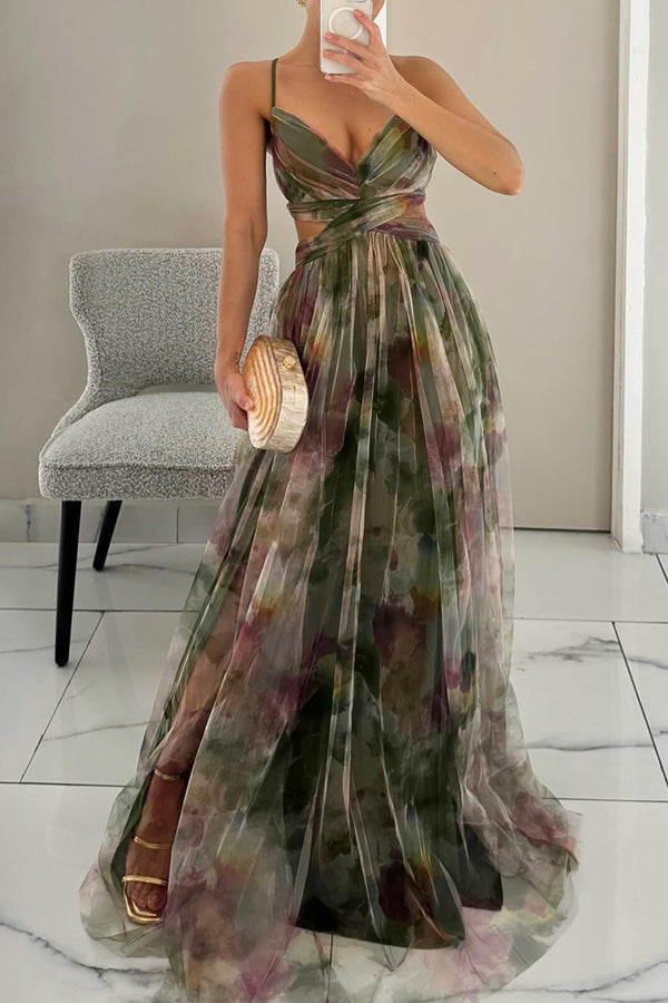 Women's V-Neck Floral Maxi Dress - Elegant Wedding Guest