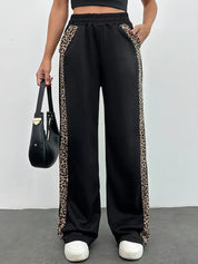 Women's Black Leopard Print Joggers - Side Slit Elegant Versatile