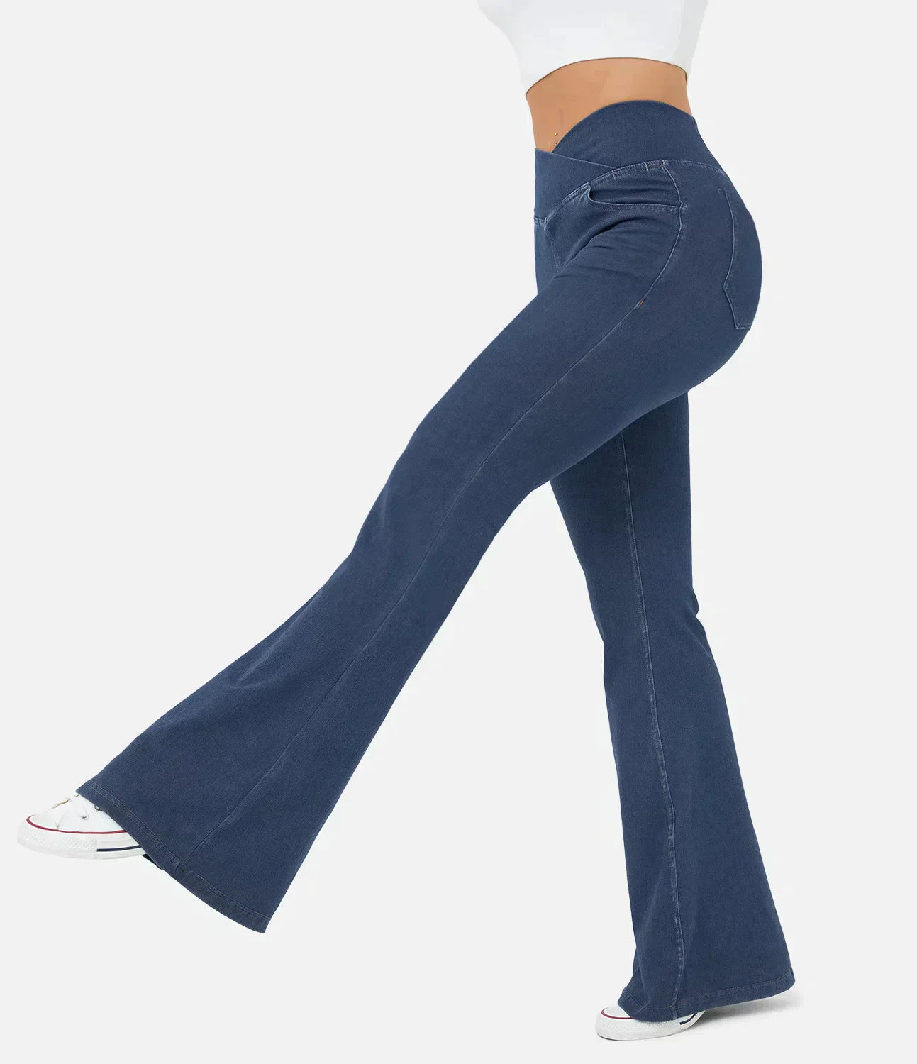 Women's High-Waisted Flared Jeans - Crisscross Waist