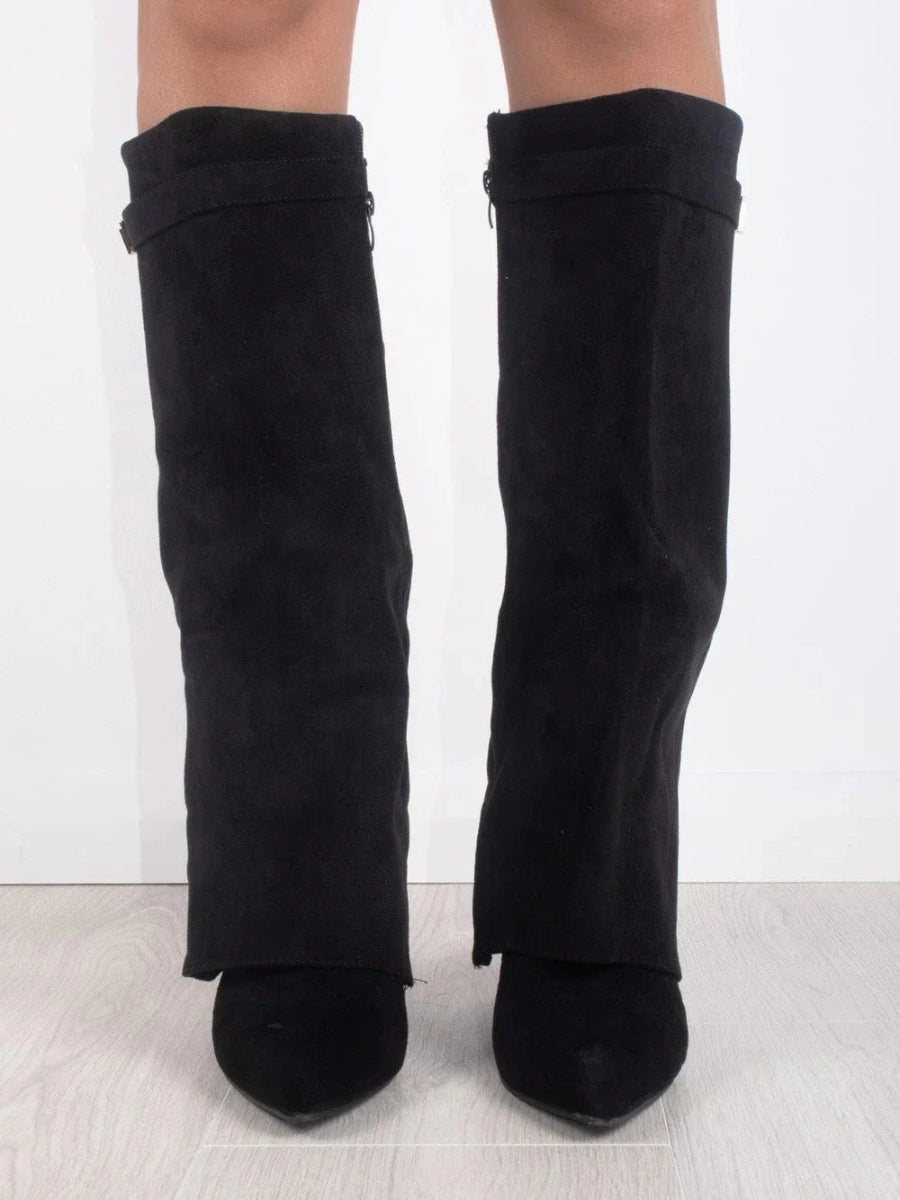 Women's Fold-Over Knee High Boots - Wide Leg with Block Heel and Pointed Toe