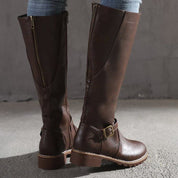 Women's Knee-High Boots - Side Zip and Low Block Heel