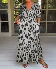 Women's Stylish Leopard Print Dress - Button Front V-Neck