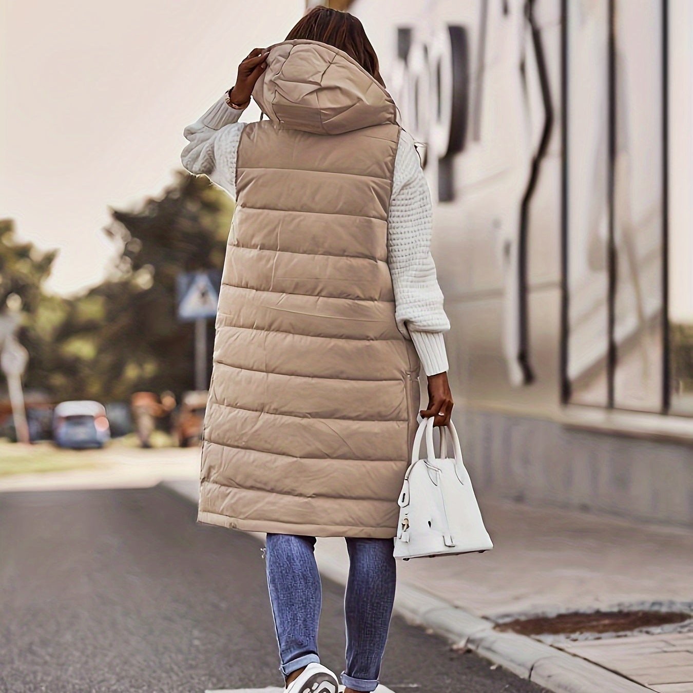 Women's Long Padded Vest - Hooded & Sleeveless