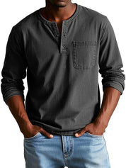 Men's Long Sleeve Shirt - Henley Neck and Chest Pocket