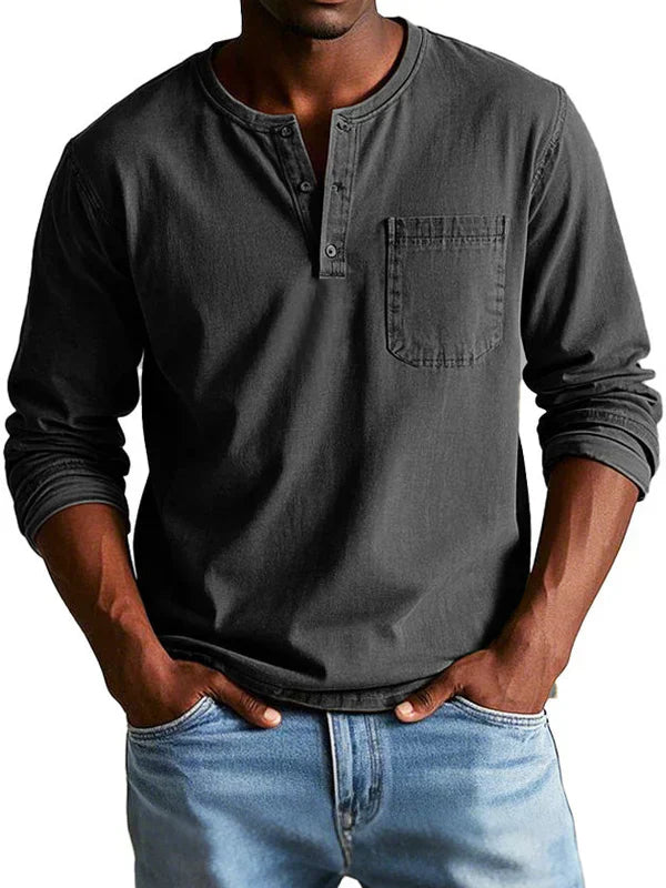 Men's Long Sleeve Shirt - Henley Neck and Chest Pocket