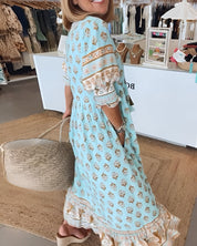 Women's V-Neck Boho Floral Maxi Dress - Flowy Summer Beach Style