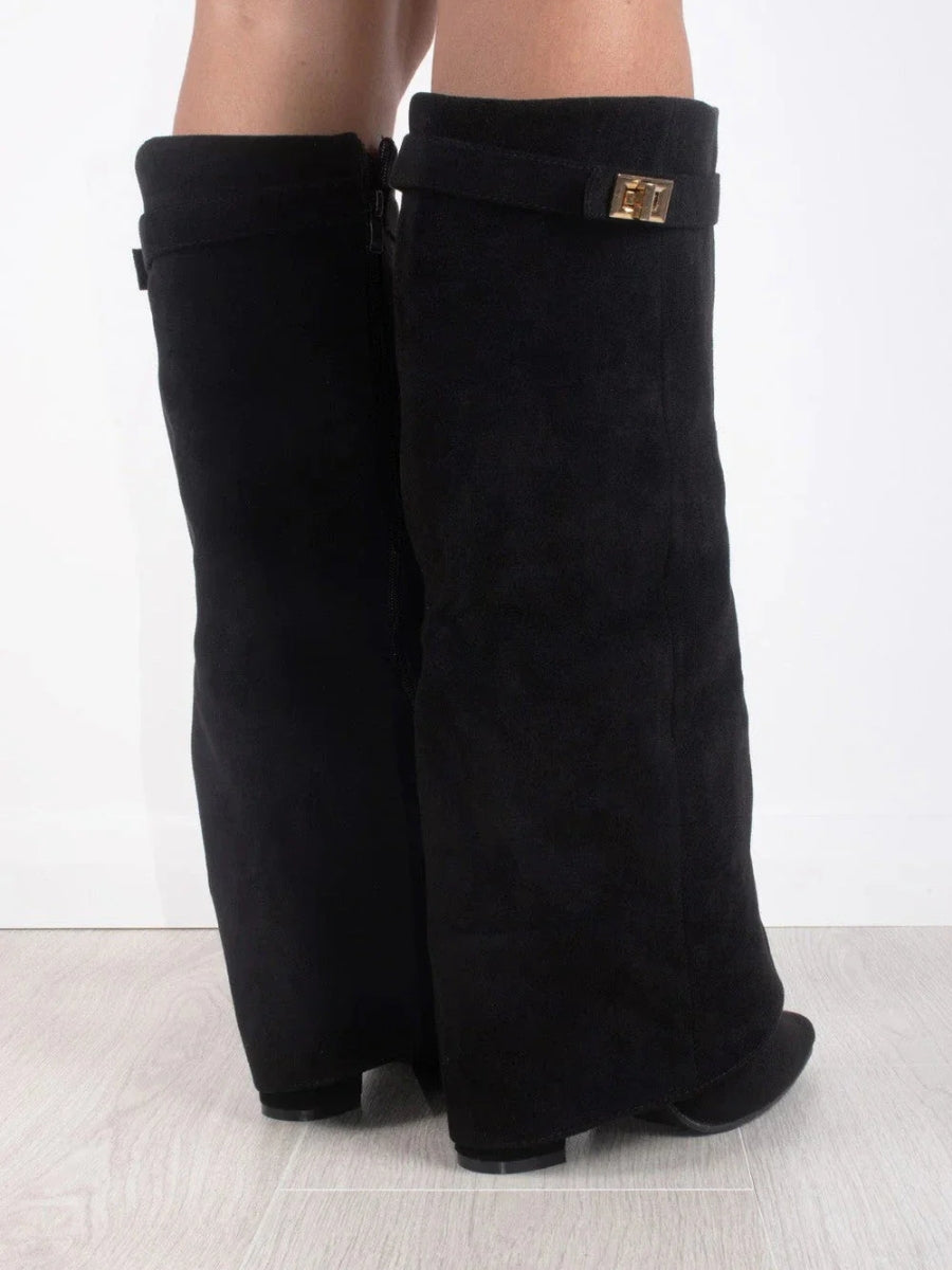 Women's Fold-Over Knee High Boots - Wide Leg with Block Heel and Pointed Toe