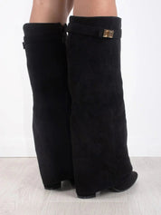 Women's Fold-Over Knee High Boots - Wide Leg with Block Heel and Pointed Toe