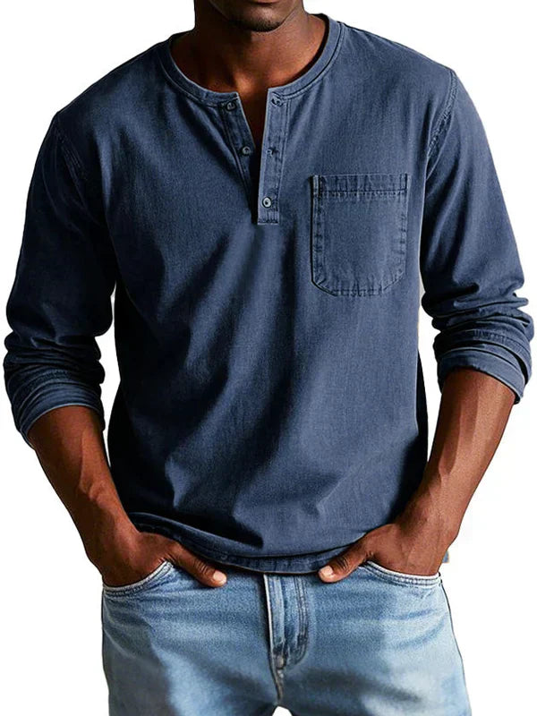 Men's Long Sleeve Shirt - Henley Neck and Chest Pocket