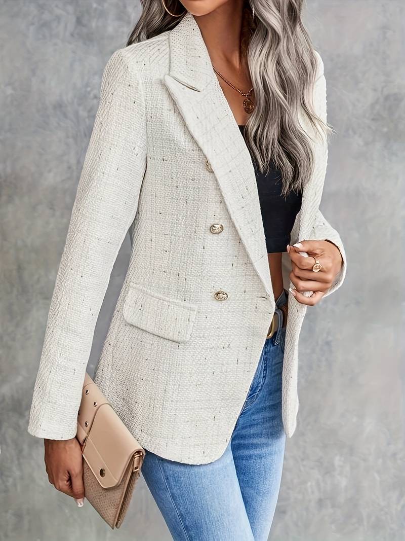 Women's Beige Blazer - Double-Breasted with Notch Lapel Collar