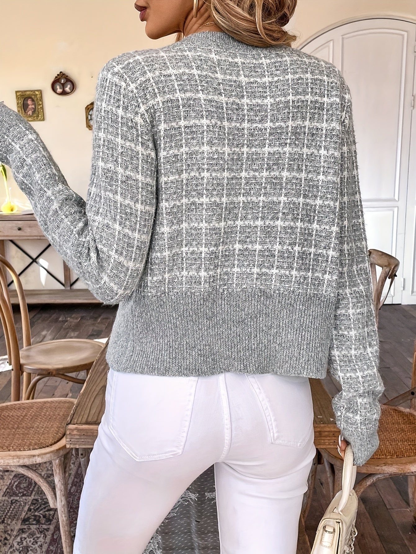 Women's Cardigan - Checked Pattern with Button-Down Closure