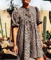 Women's Brown Leopard Print Short Puff Sleeve Dress - Versatile Comfort