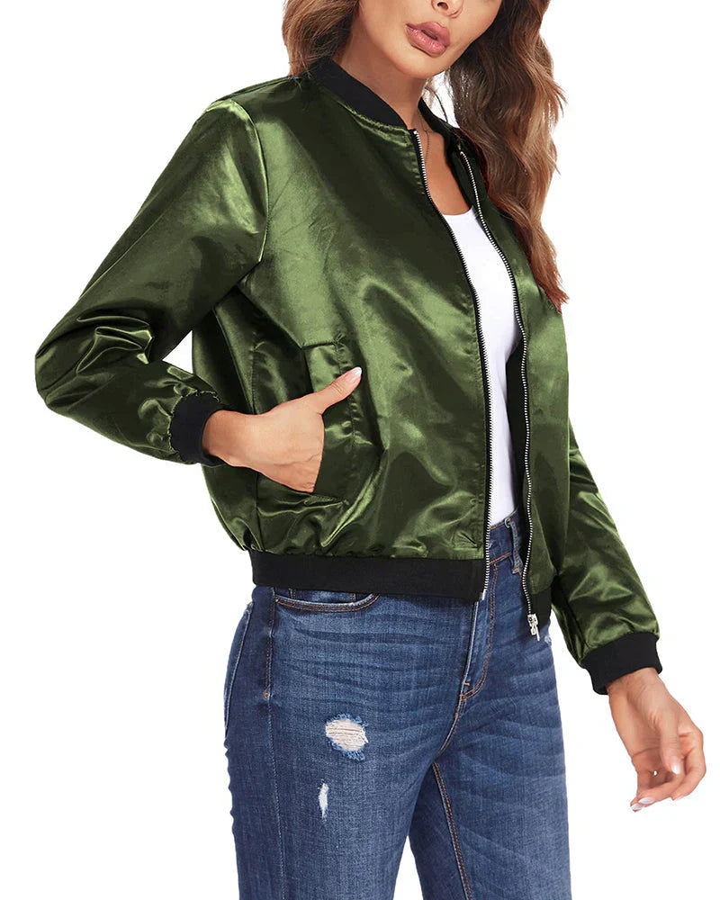 Women's Bomber Jacket - Full Zip with Side & Sleeve Pockets