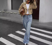 Women's Khaki Crop Trench Coat - Elegant Belt Style