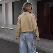 Women's Khaki Crop Trench Coat - Elegant Belt Style