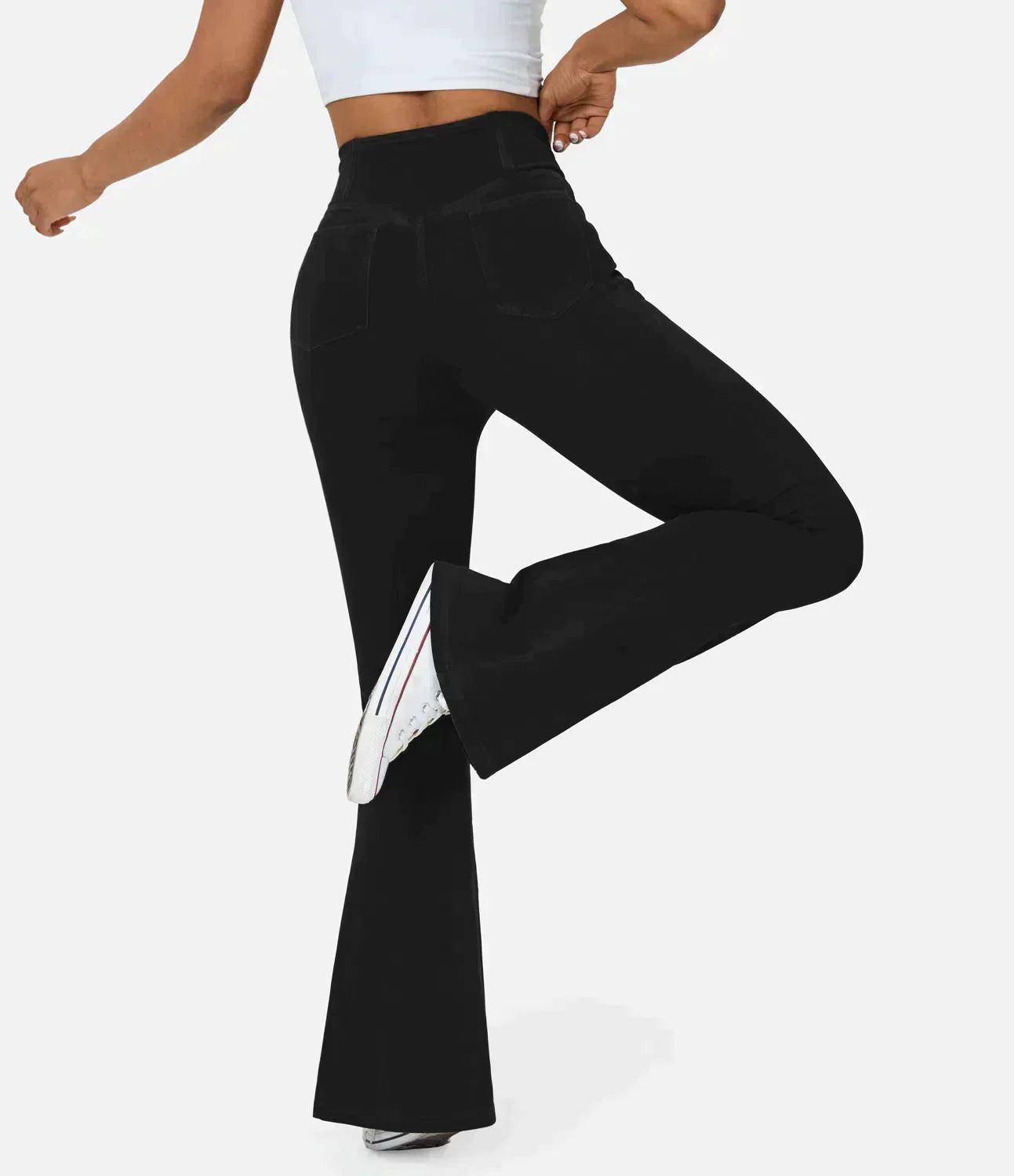 Women's High-Waisted Flared Jeans - Crisscross Waist