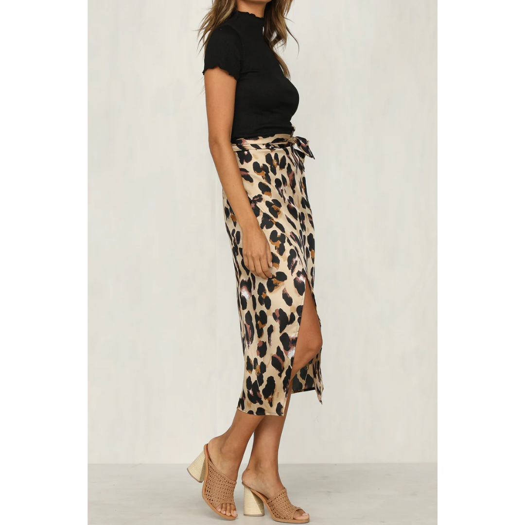 Women's Leopard Print Midi Skirt - Side Slit Trendy